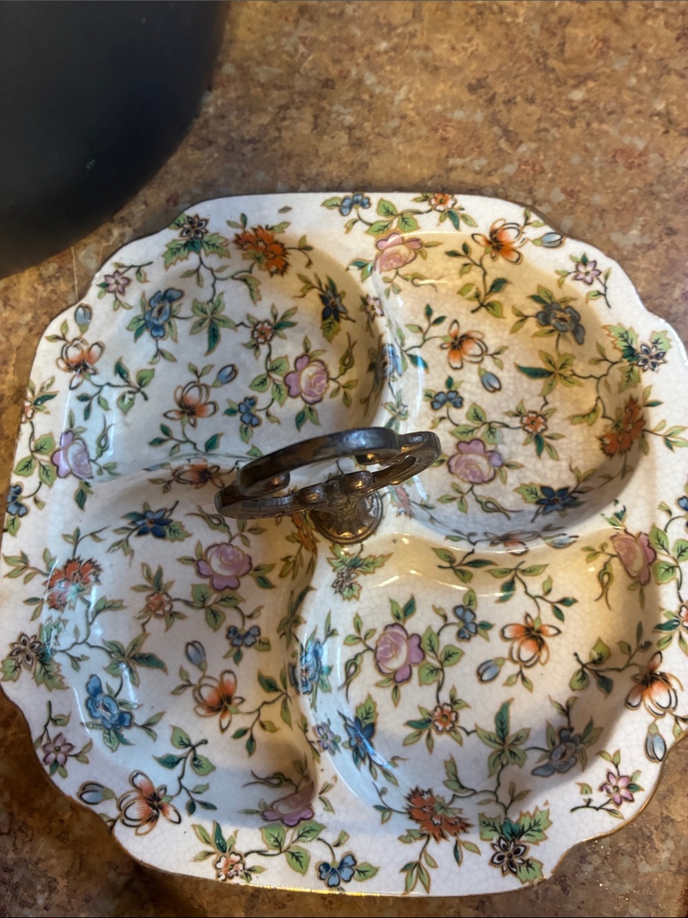 Floral Ceramic Divided Serving Dish with Gold Handle - White Multi